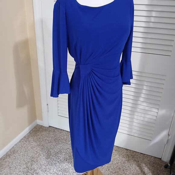 Connected Apparel Royal b;lue bell sleeve sheath dress with side rouching sz 4 - Picture 1 of 14